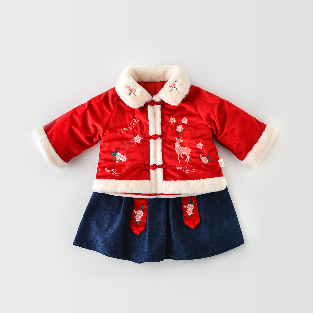 新年姐妹装拜年服女小童婴童中式刺绣梅花鹿套裙爬服年装古装