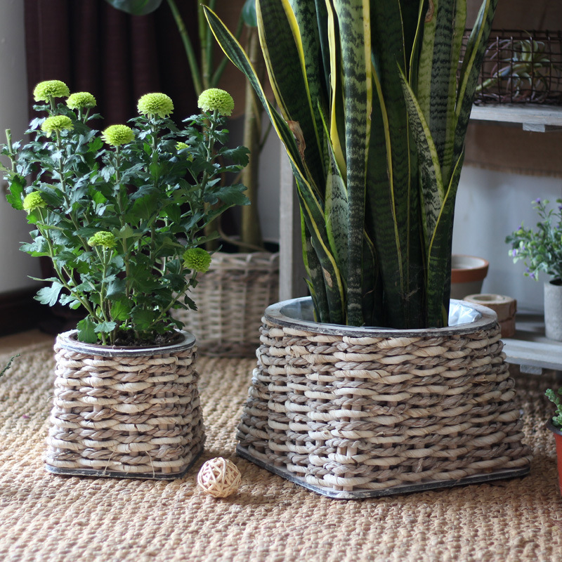 Retro Idyllic Handmade Straw Woven Flower Pot Green Plant Flower Basket Flower Device