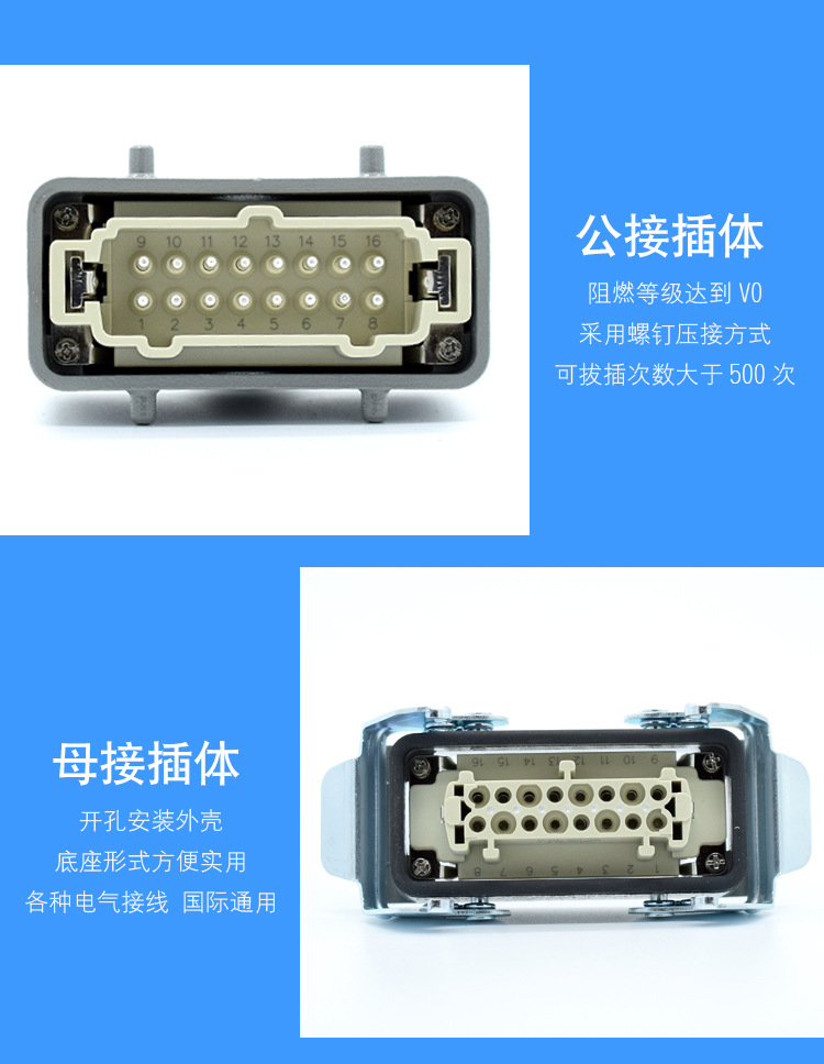重载连接器热流道温控箱32芯32针32孔hdc-he-032矩形工业插头插座