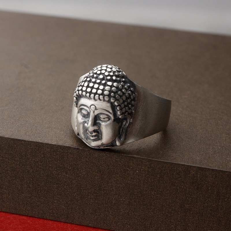 黑泰银饰 990足银佛教佛头戒指男女百搭 复古哑光纯银指环批发