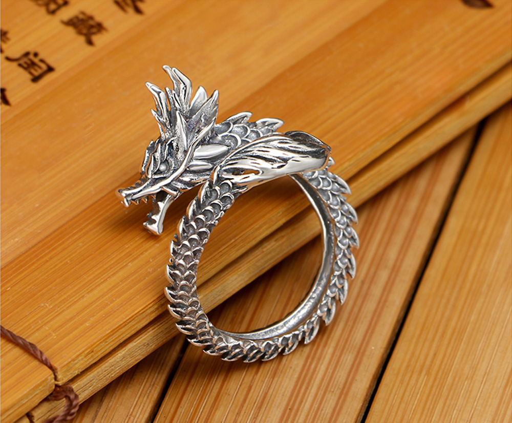 批发个性龙戒指男女情侣潮人开口食指环复古镀泰银时尚银饰品