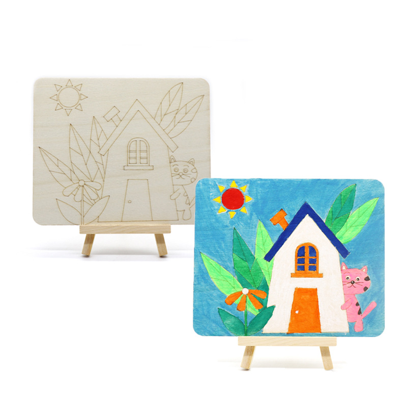 木质填色木板画带支架儿童diy绘画涂色小画板 创意美术涂鸦木画板