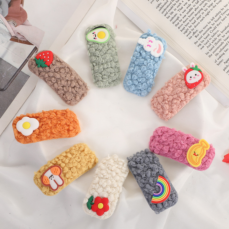 Cashmere All-Match Sweet Cute Cartoon Barrettes Strawberry Rainbow Little Red Flower Ins Style Women's Plush Barrettes