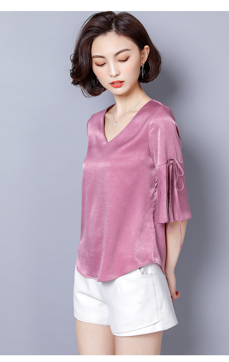 2020实拍缎面纯色雪纺衫女短袖夏新款上衣韩版百搭真丝小衫