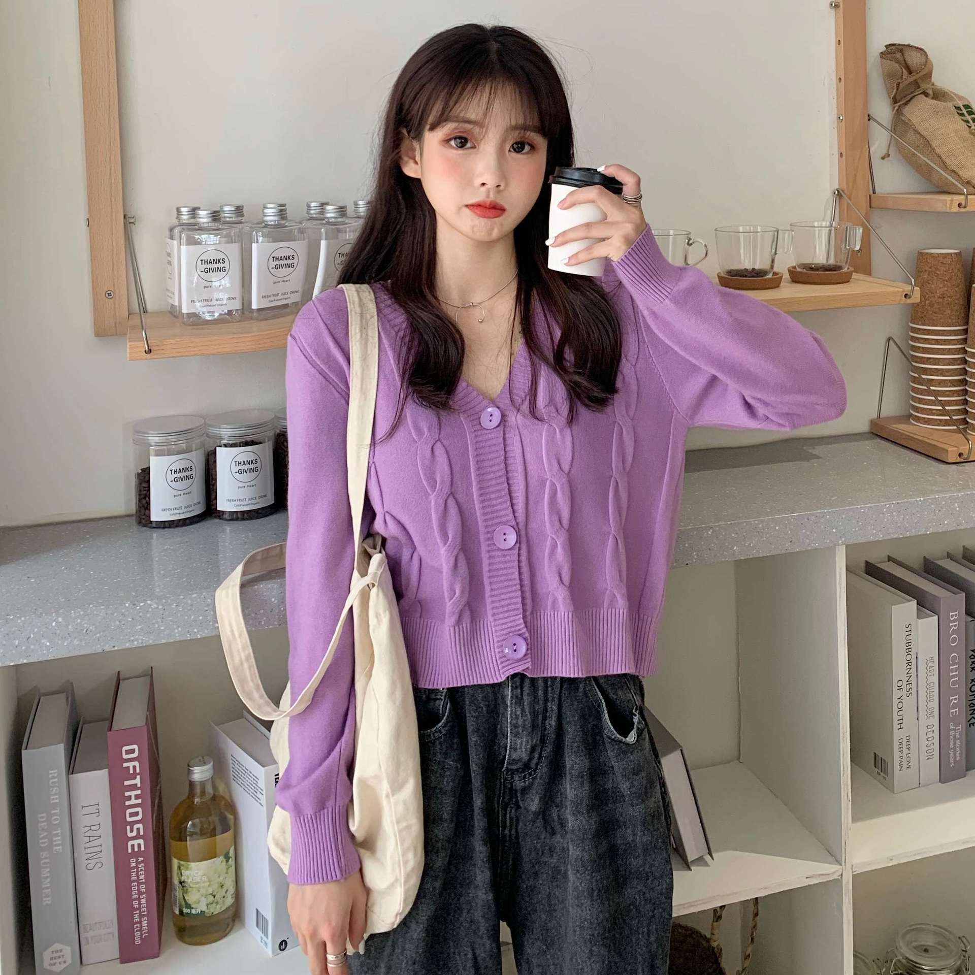 针织衫秋款女装新款复古港风chic上衣宽松v领长袖开衫韩版女外套