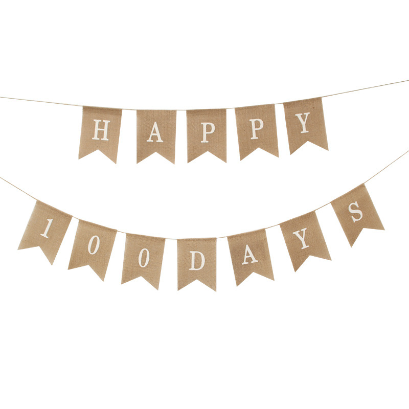 宝宝100天拉旗 百天happy 100 days麻布燕尾拉旗 派对装饰横幅