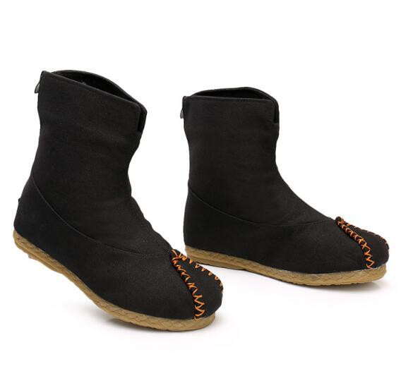 拼接纯色翘头履佛系平跟拉链单靴古装演出男鞋短筒布靴女靴