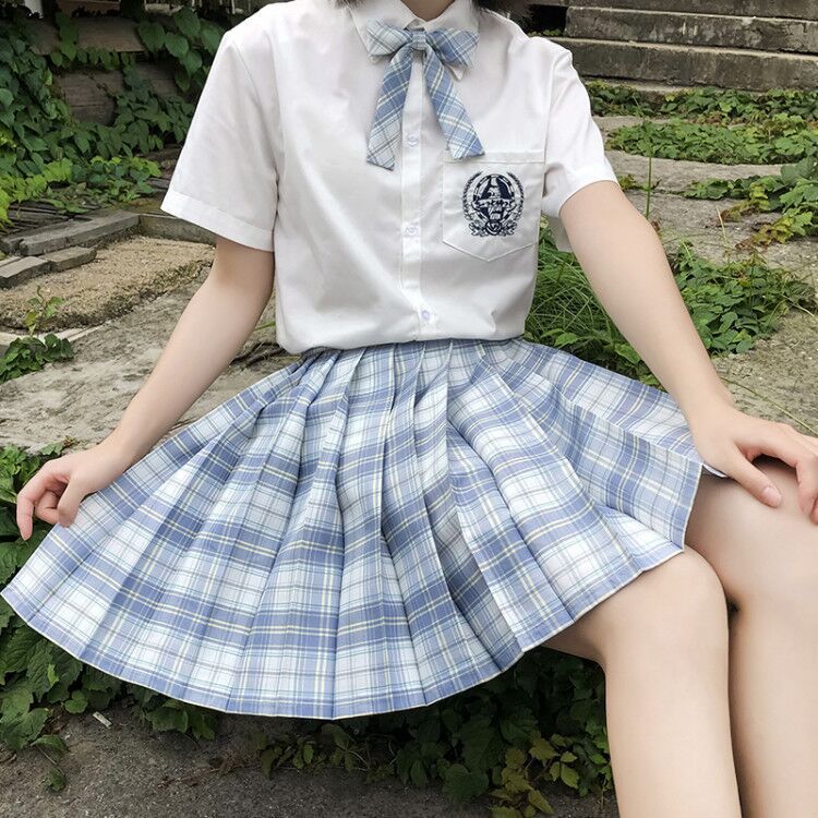 现货批发白溟jk格裙套装 学院风针织衬衫格纹半身短裙高腰百褶裙