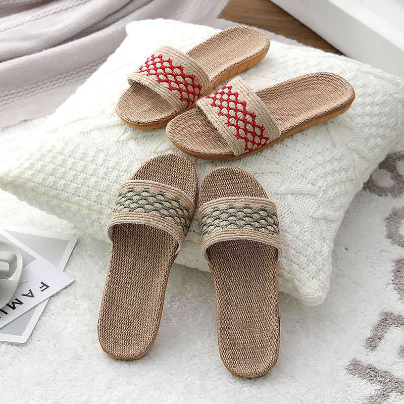 New Linen Slippers for Women Summer Indoor Wooden Floor Couple Home Non-Slip Thick Bottom Home Slippers Men Wholesale