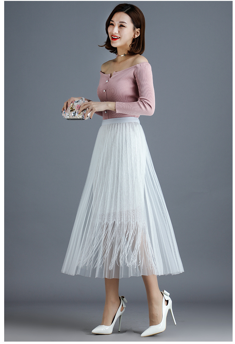 网纱百褶半身裙春款女2020新款蕾丝流苏裙中长款a字裙仙女长裙子