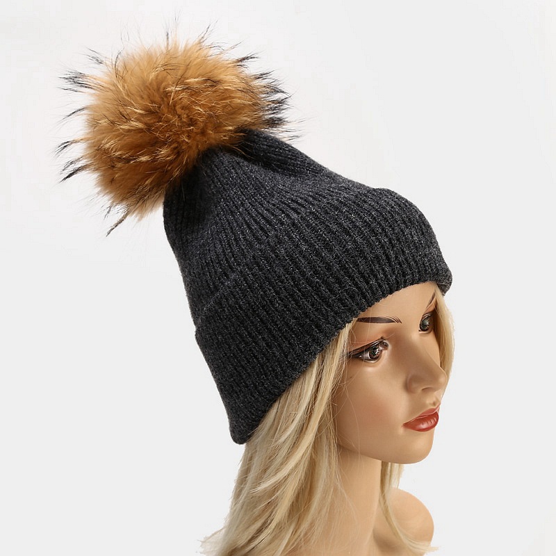 真毛球帽子女韩版新款简约毛线卷边尖尖帽秋冬季户外保暖针织帽潮
