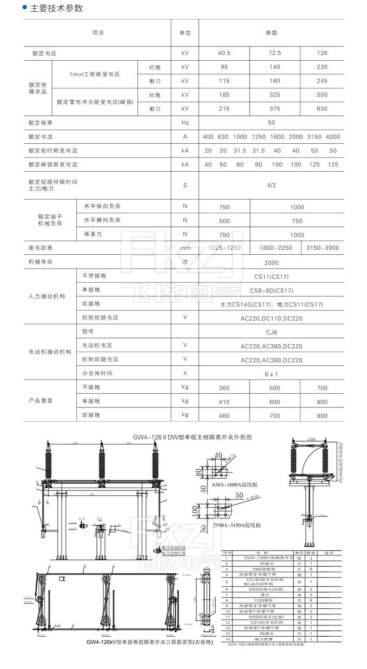 110kv户外高压隔离开关gw4-126/630-2500a电动双接地防污完善化