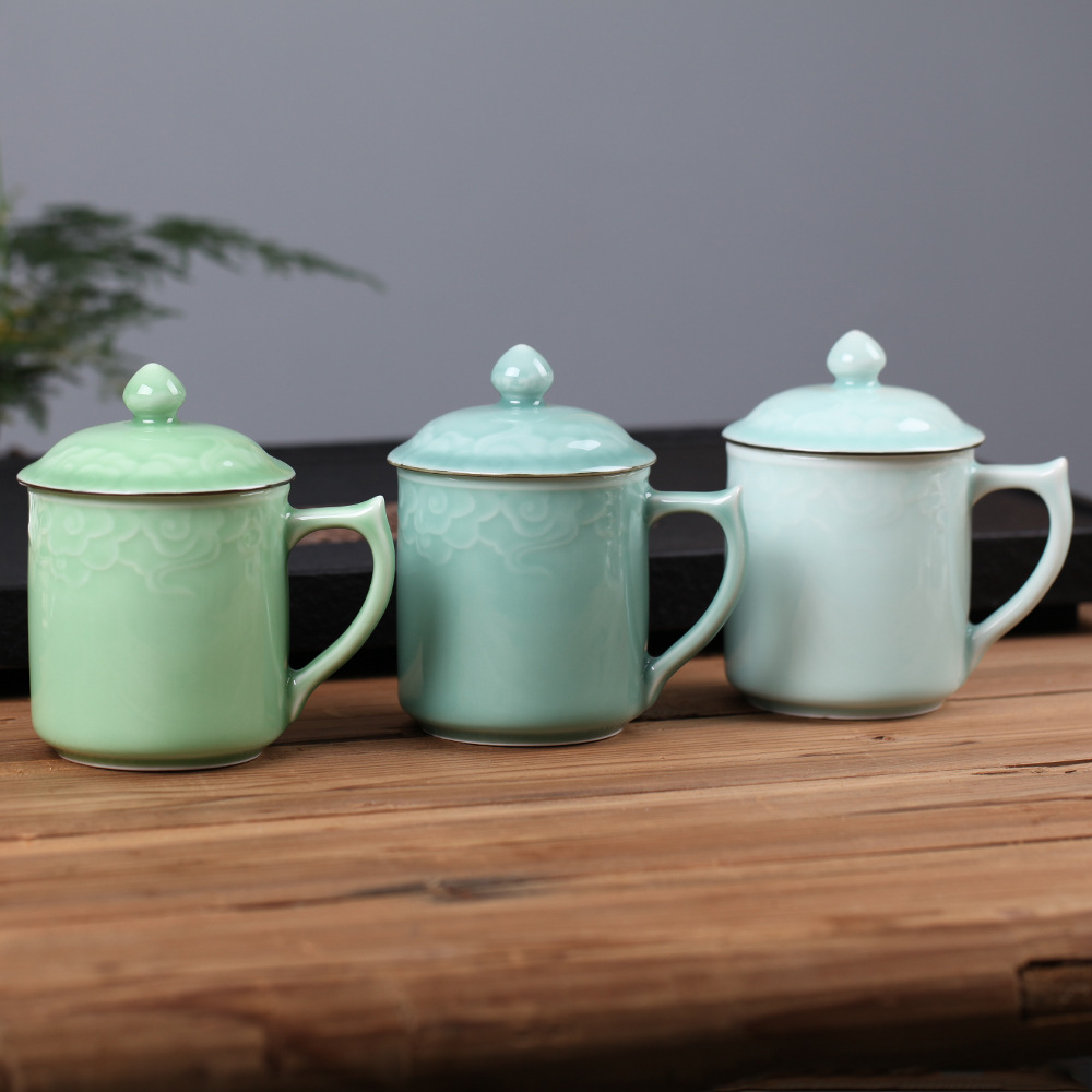 青瓷茶具马克杯 家用茶杯陶瓷水杯 办公室会议商务祥云杯定制logo