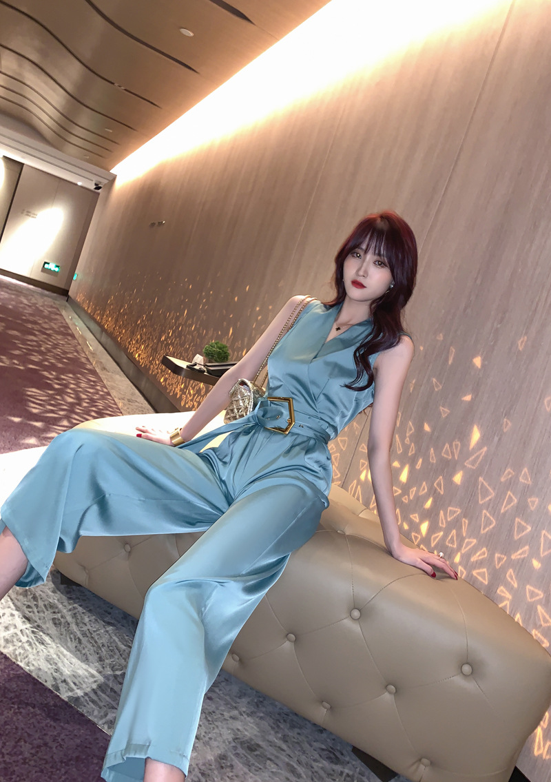 裤子女2021夏装新款气质v字领高腰修身连体裤阔腿连衣裤长裤3938