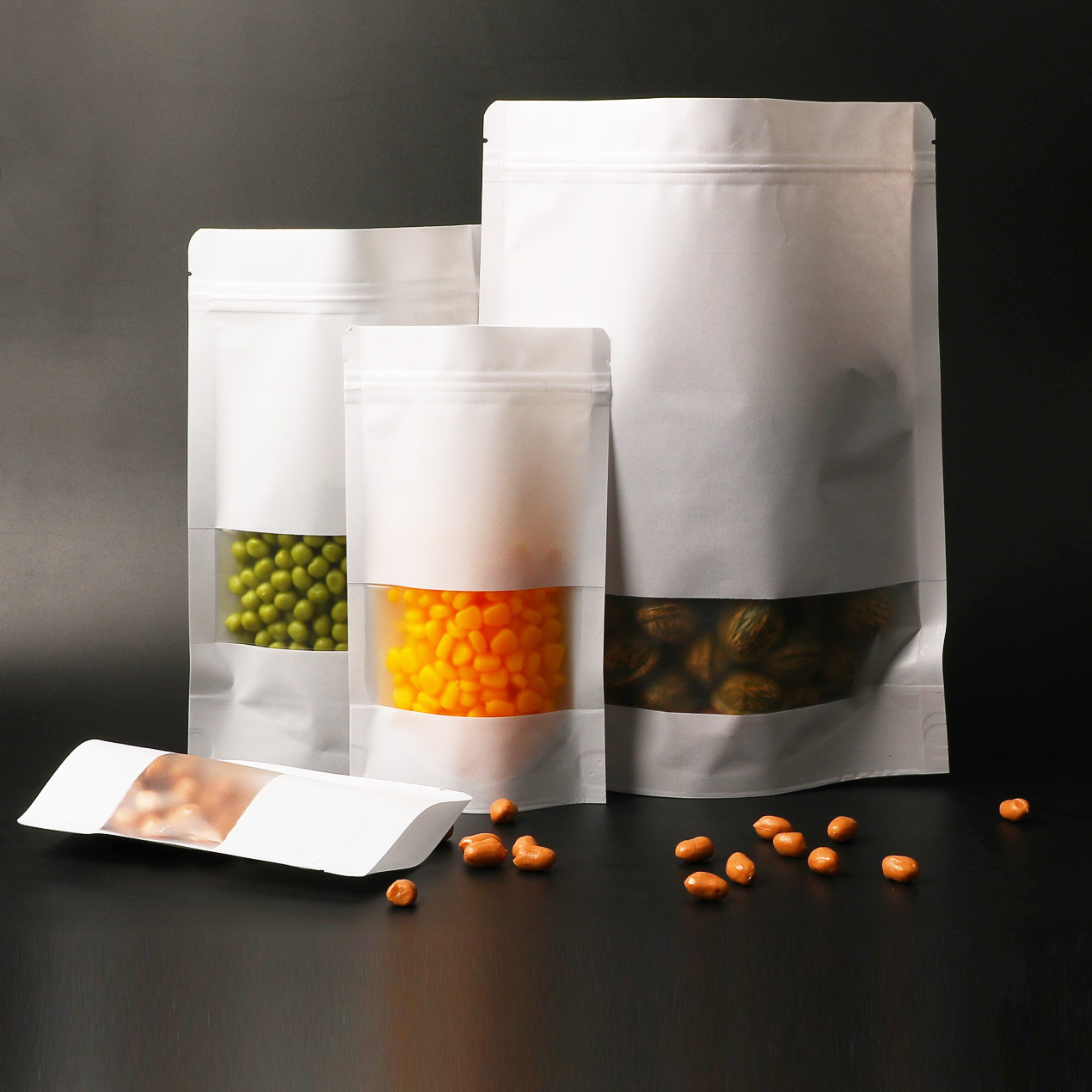 休闲食品包装袋牛皮纸定做磨砂开窗自封袋白色自立坚果密封袋现货