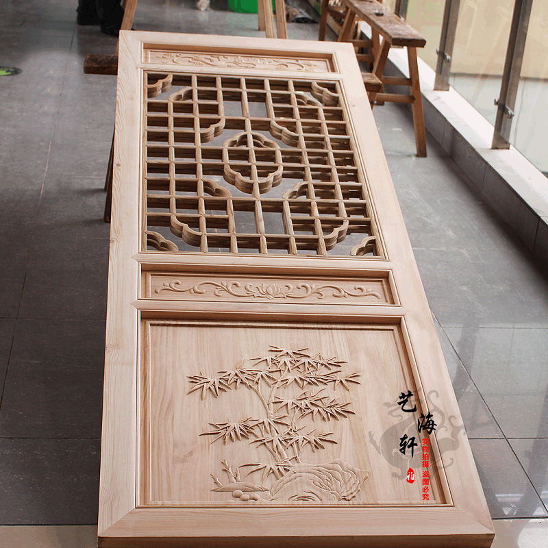 定制东阳木雕实木仿古门窗屏风中式隔断花格门古建雕花防仿古大门