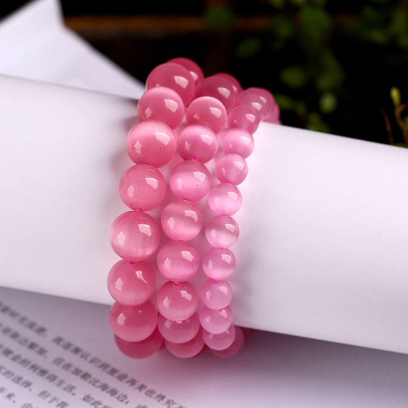 2020夏季新款粉猫眼石单圈圆珠手链少女粉色水晶手链女款日韩饰品