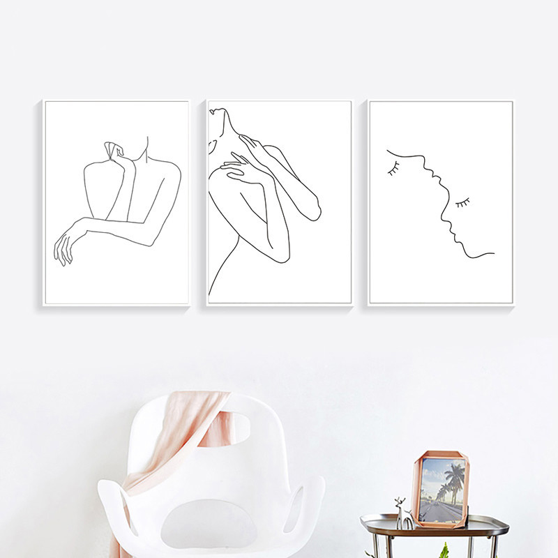 现代北欧简约抽象艺术一笔画线描人物黑白装饰画图片画芯