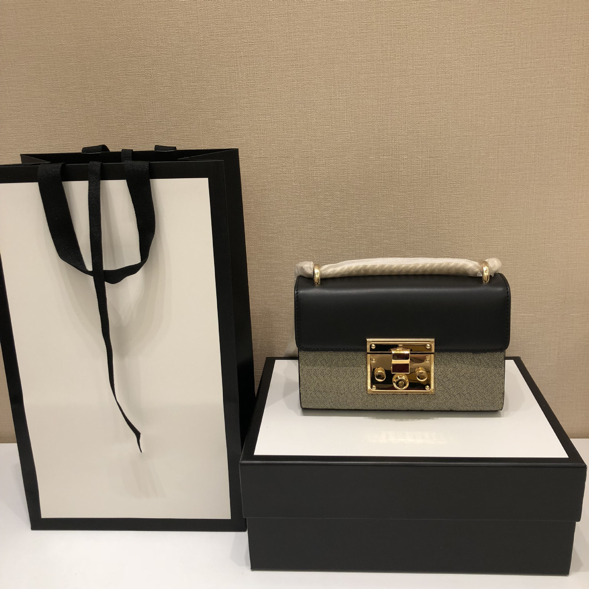 黑色padlock全皮皮革黑色小号链条锁扣包锁头包压花单肩斜挎包