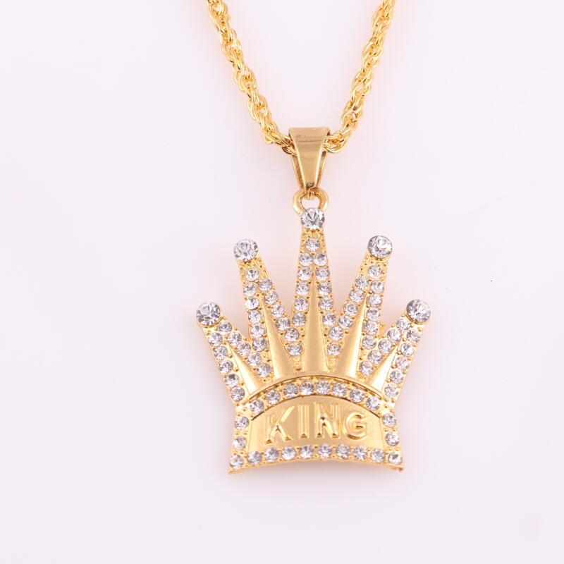 跨境热卖现款皇冠镶钻刻字king项链潮流男士个性嘻哈吊坠厂家批发
