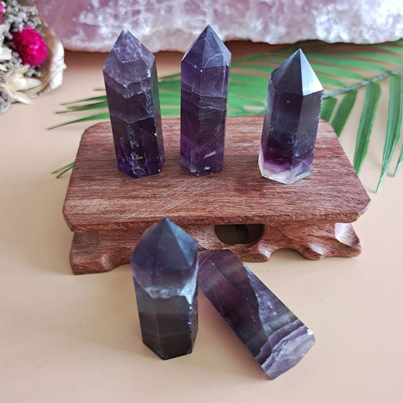 供应天然水晶柱七彩萤石柱紫萤石单尖六棱柱摆件装饰品吊坠礼品