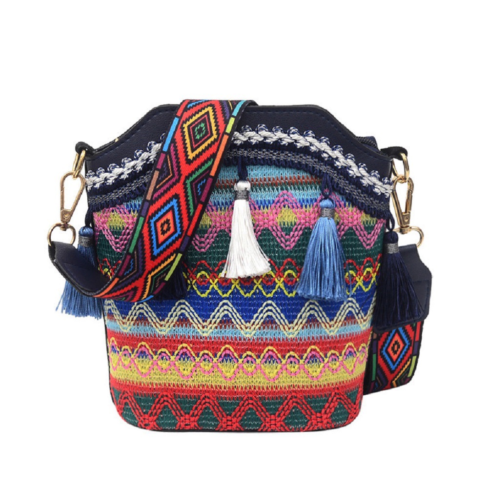 Tourism Scenic Spot Ethnic Style Small Bag Female 2023 New Woven Backpack Ribbon Bag Tassel Cross Body Bucket Bag