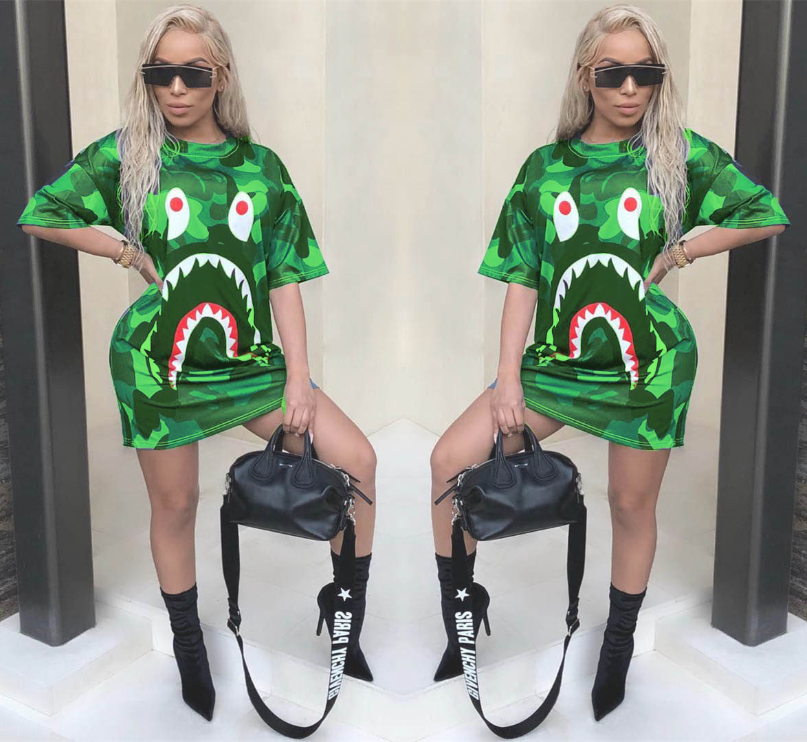 ff1013欧美女装亚马逊跨境欧美新品鲨鱼嘴数码印花短袖连衣裙