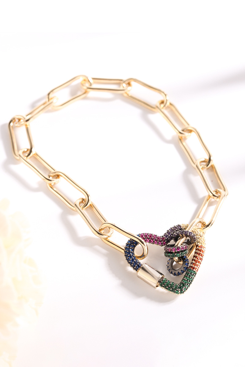 欧美大气简约金色手链女彩虹锆石镶嵌爱心手链心形环扣百搭手镯