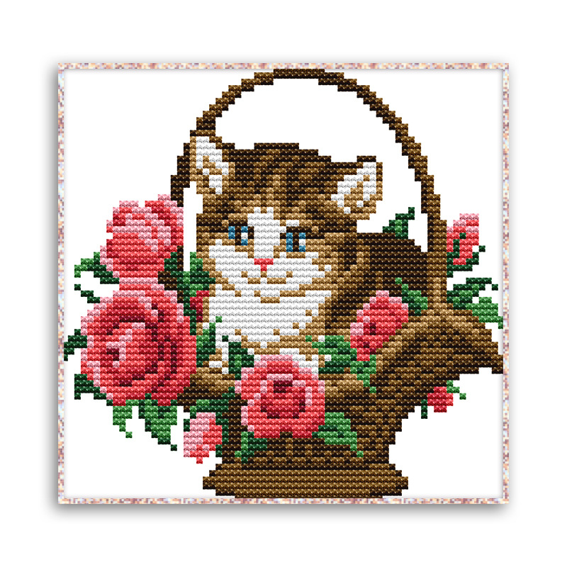 十字绣厂家批发来图定制动物系列花篮猫可爱简约客厅装饰一件代发