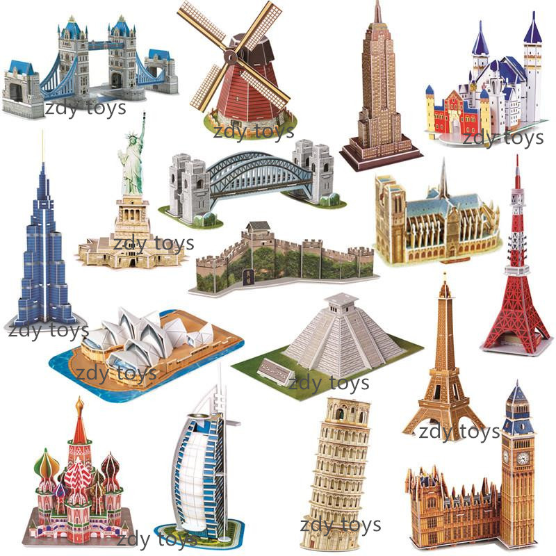 跨境3d立体拼图世界名建筑模型拼图 儿童diy拼装拼插科教玩具