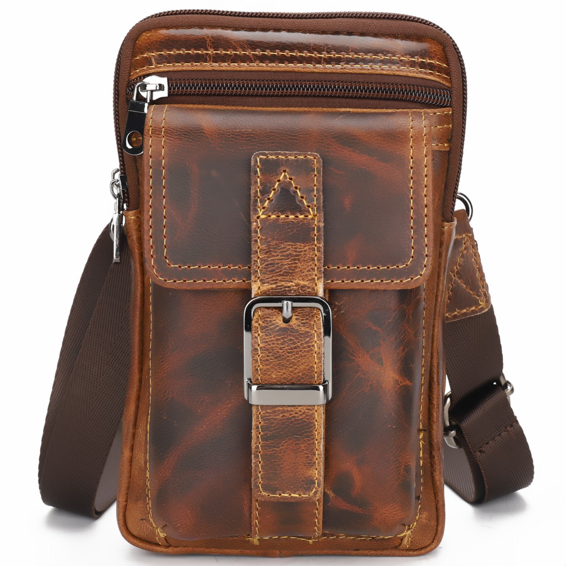 2020跨境新款疯马皮男包复古真皮男士单肩斜跨包牛皮手机小挂包