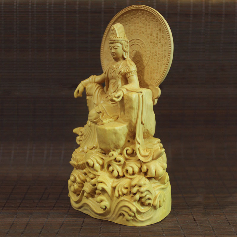 小叶黄杨木雕自在观世音菩萨家居工艺品佛像摆件背刻心经一件代发