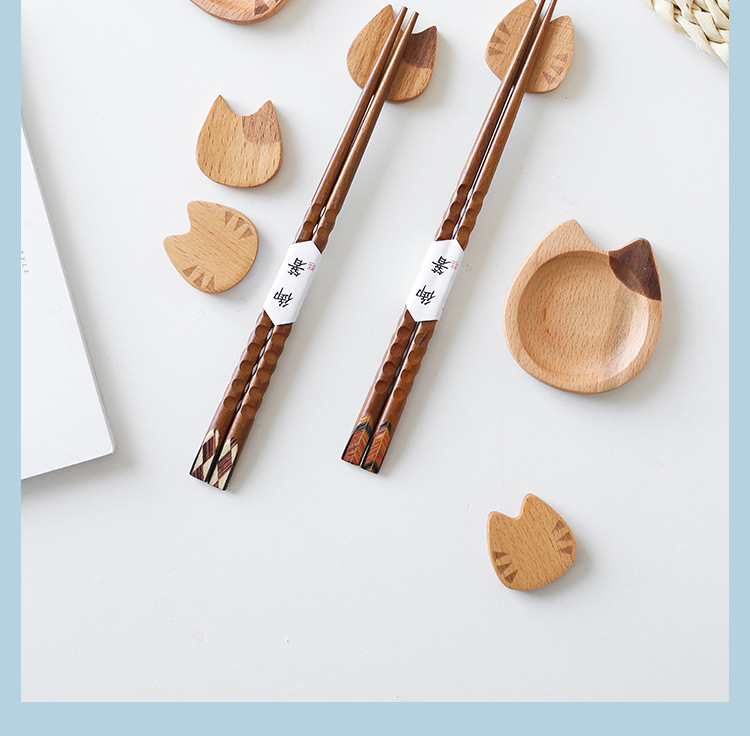 日式可爱实木筷子架托 创意家用餐桌实木猫咪造型味碟放筷子