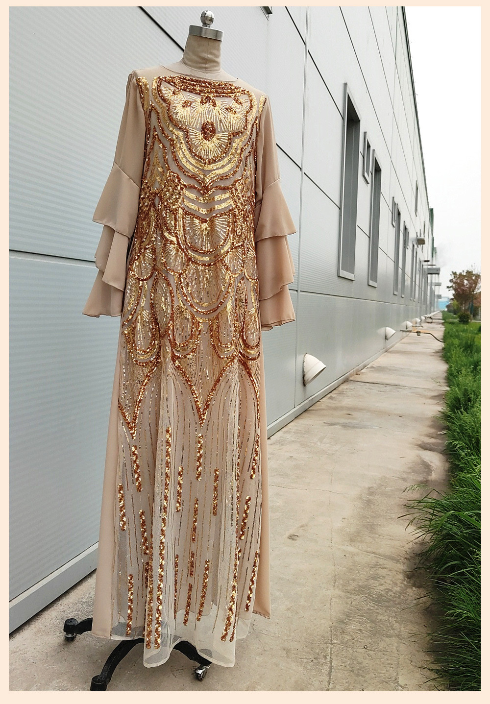 s009金色多层荷叶袖定位亮片刺绣轻奢长袍 亚马逊 ins 爆款连衣裙