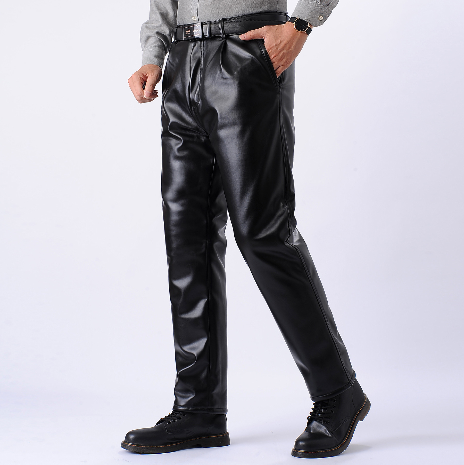 皮裤男士加绒加厚骑行外卖摩托车宽松加肥防油防水中年工作棉裤子