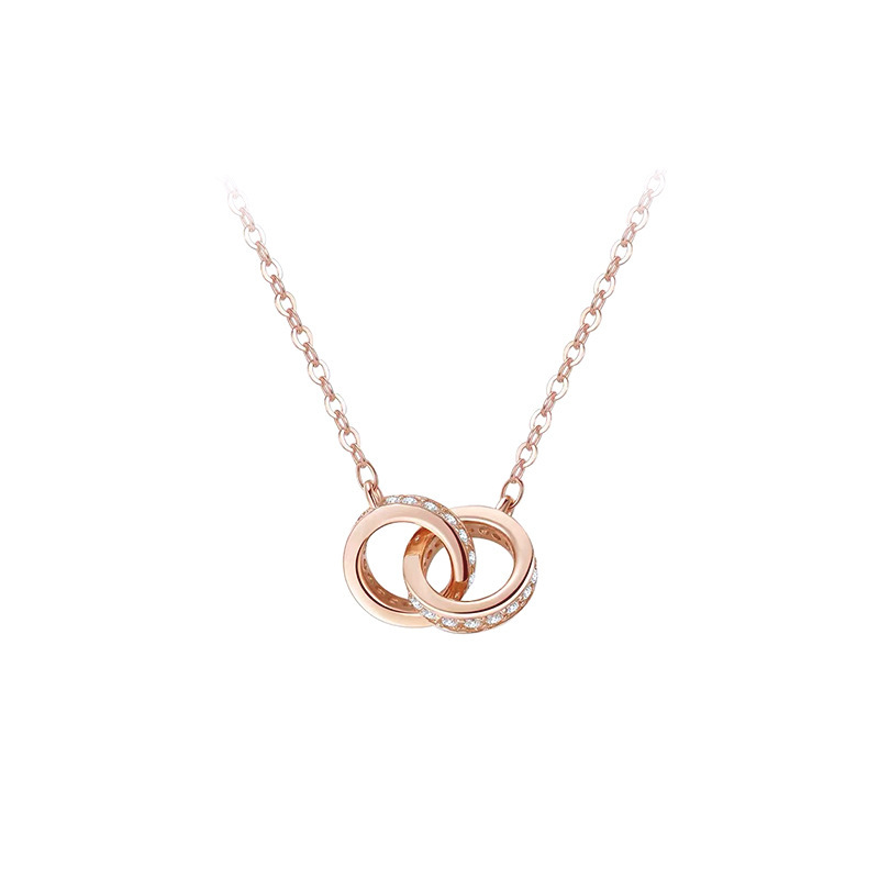 Korean Necklace Women's Fashion Korean-Style Rose Gold Ring Buckle Necklace Double Ring Diamond Inlaid Short Clavicle Chain Set Chain Women