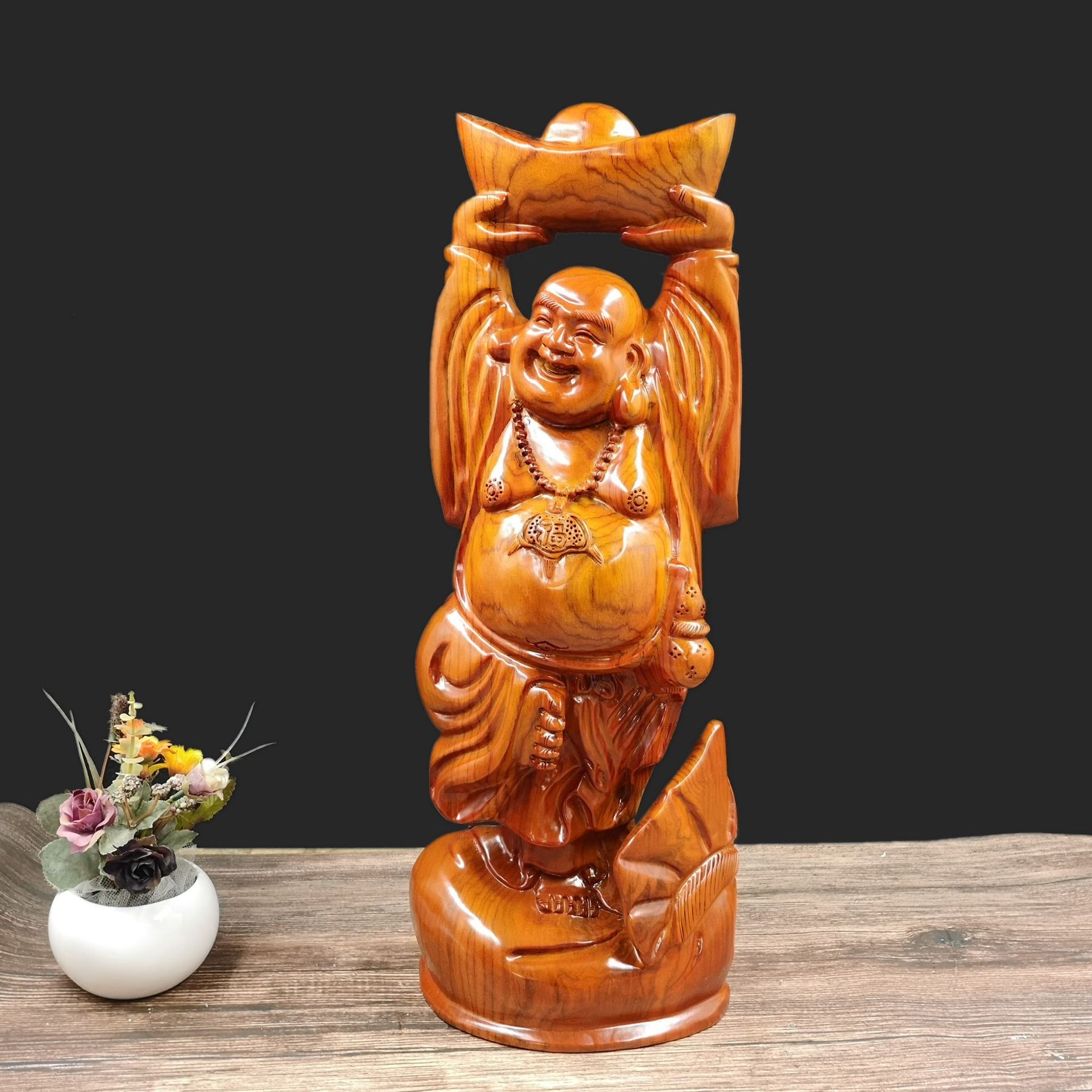 50/60cm元宝弥勒佛摆件 黑檀实木木雕工艺品红木创意家居装饰礼品
