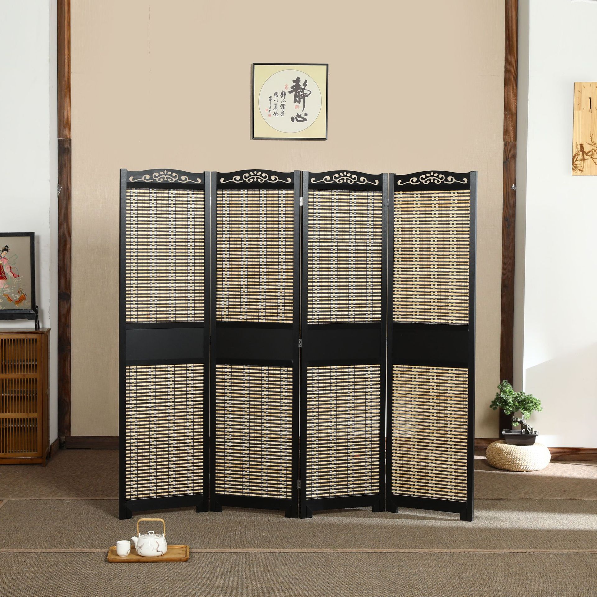 新中式屏风隔断复古中国风红木实木镂空竹编移动折叠屏风玄关座屏