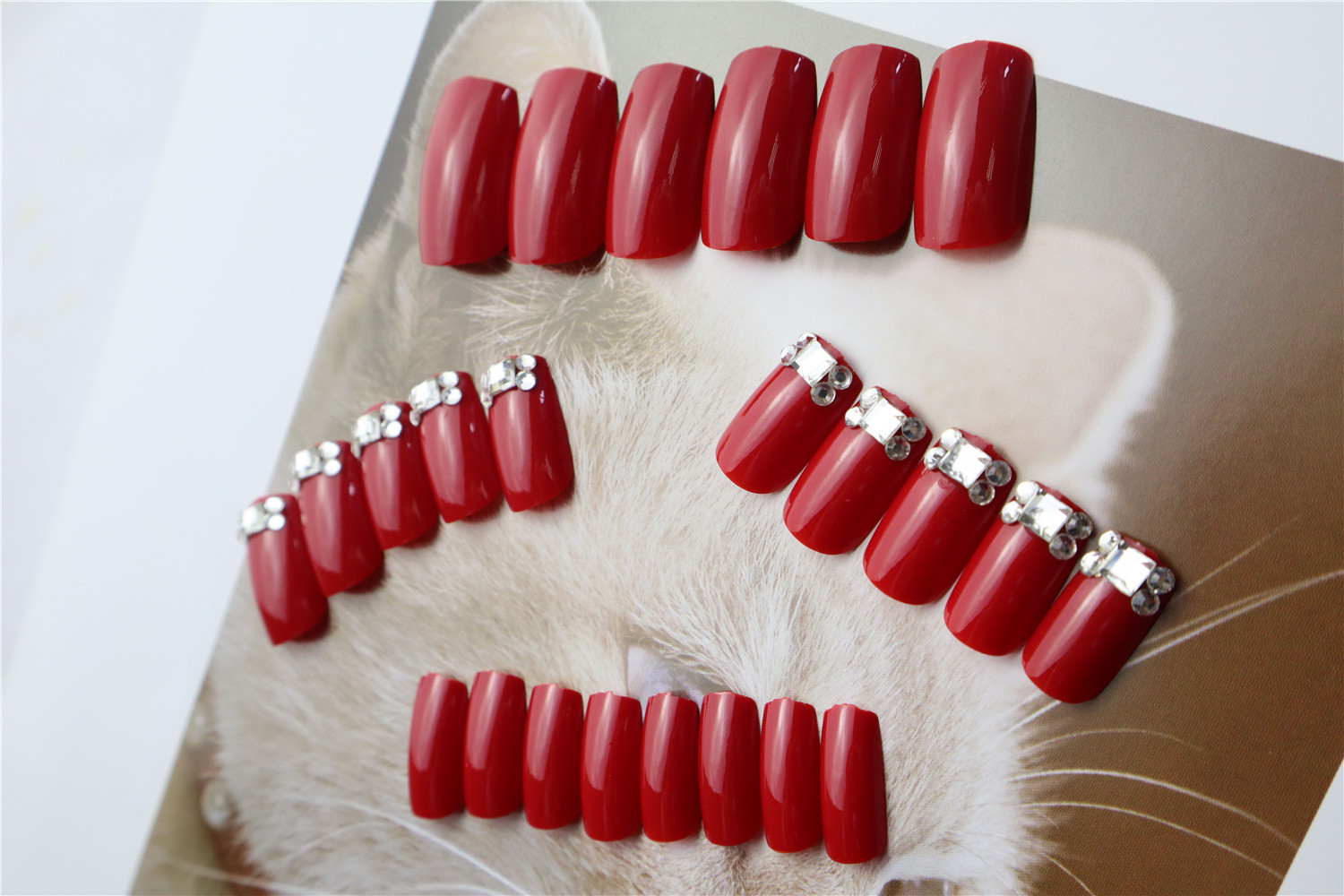 010-红色抖音网红镶钻新娘美甲贴片假指甲可拆可卸穿戴美甲批发