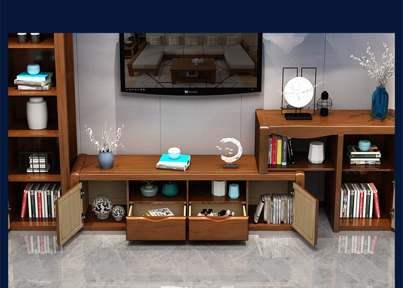 实木电视柜茶几组合客厅中式多功能影视柜简约现代电视背景墙柜