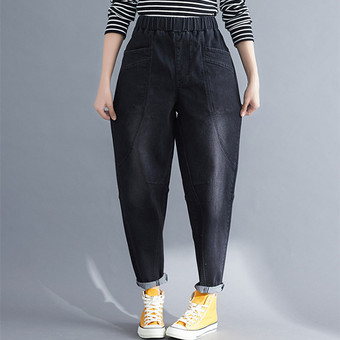 大码牛仔裤女200斤早秋新款显瘦高腰直筒哈伦裤胖妹妹mm裤子-报价