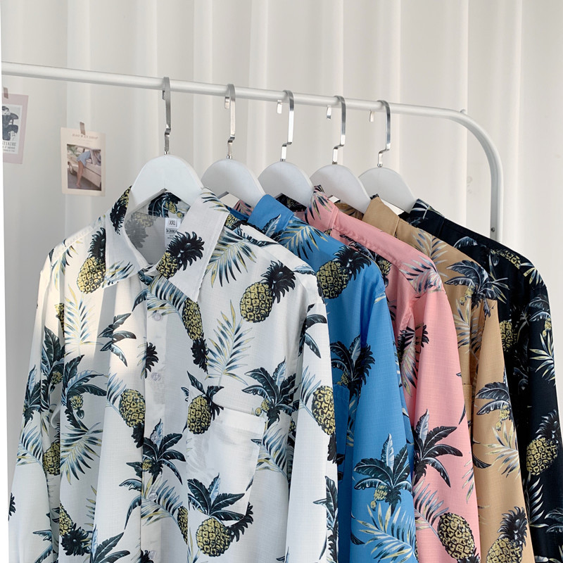 厂家直销2020春季新款菠萝衬衫男情侣时尚宽松男士长袖衬衫批发