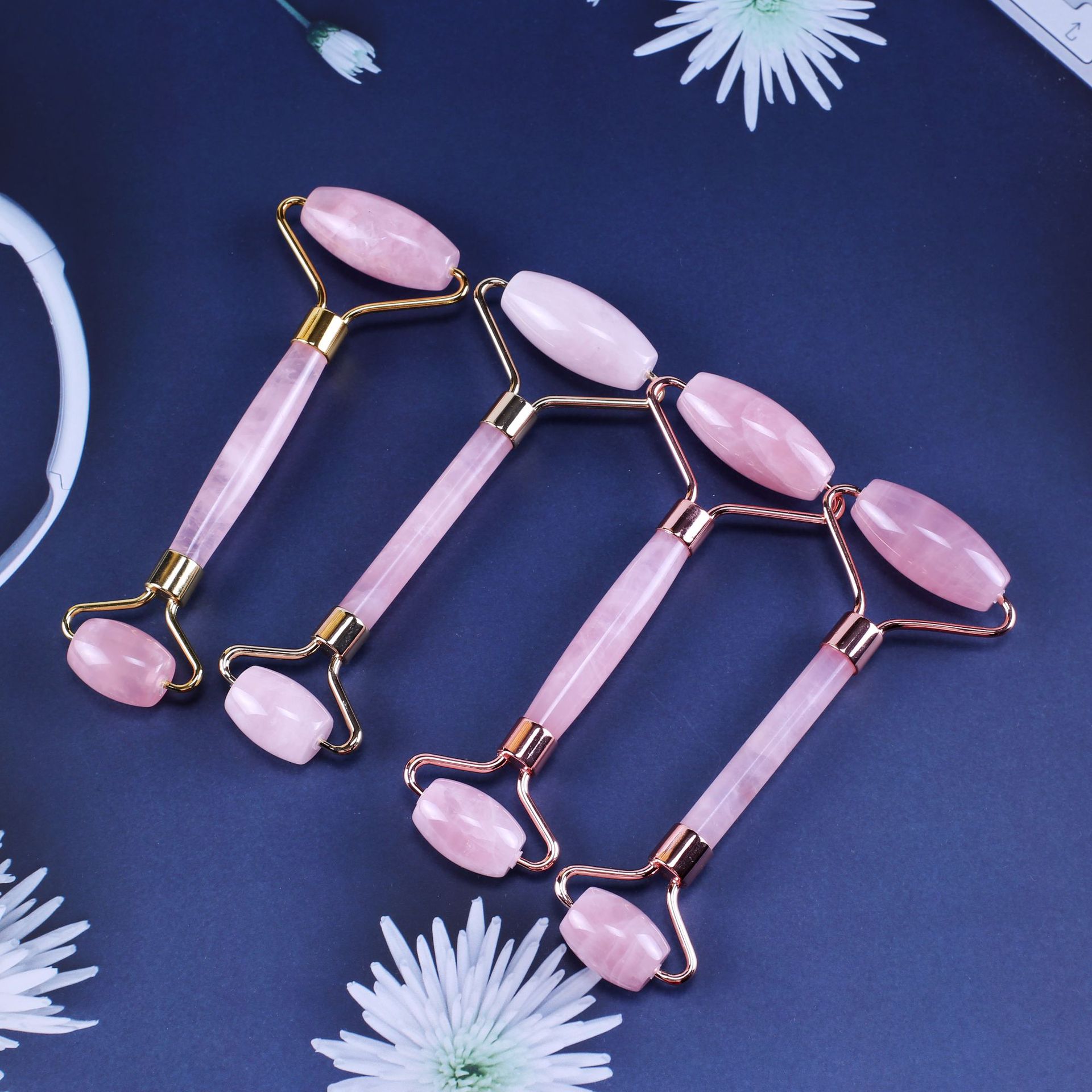 粉晶双头滚轮 玉石滚轮套装心形刮痧 玉石滚轮按摩器 粉晶滚轮