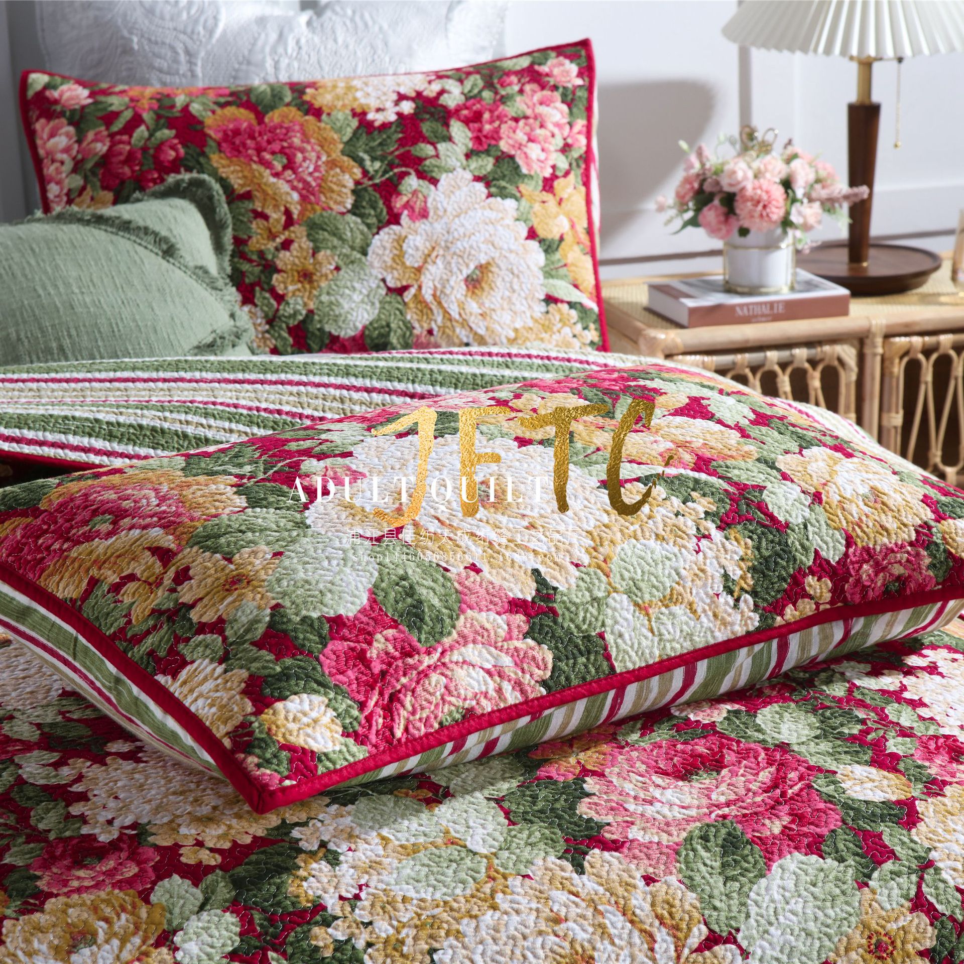 高端婚庆版国色天香牡丹花纯棉磨毛斜纹面料绗缝被装饰被ab三件套