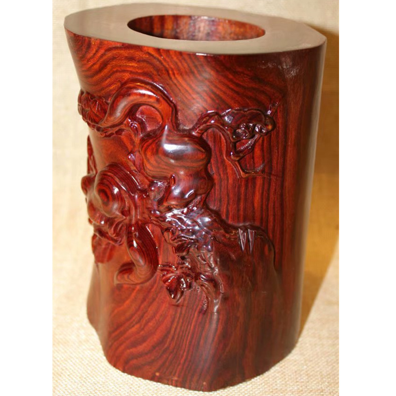 笔筒 实木笔筒 白酸枝木整木雕刻笔筒 富寿如意笔筒