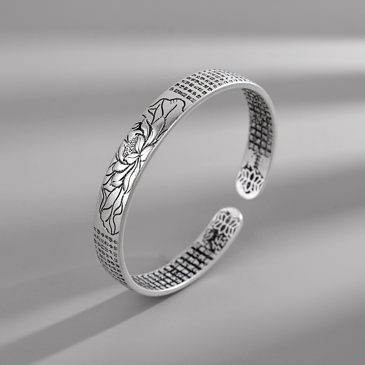 亚马逊心经莲花银手镯女复古民族饰品荷花佛语开口雪花银手镯男