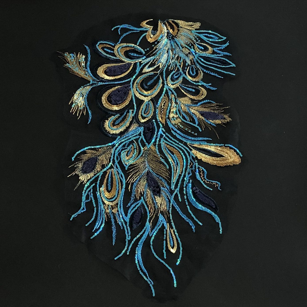 现货宝蓝亮片刺绣凤凰尾布贴网纱绣花补丁贴衣服旗袍装饰辅料diy