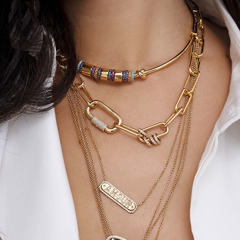 a.apm锁链锁扣项链女 欧美奢华气质黄金色项饰女设计感爱之锁链女