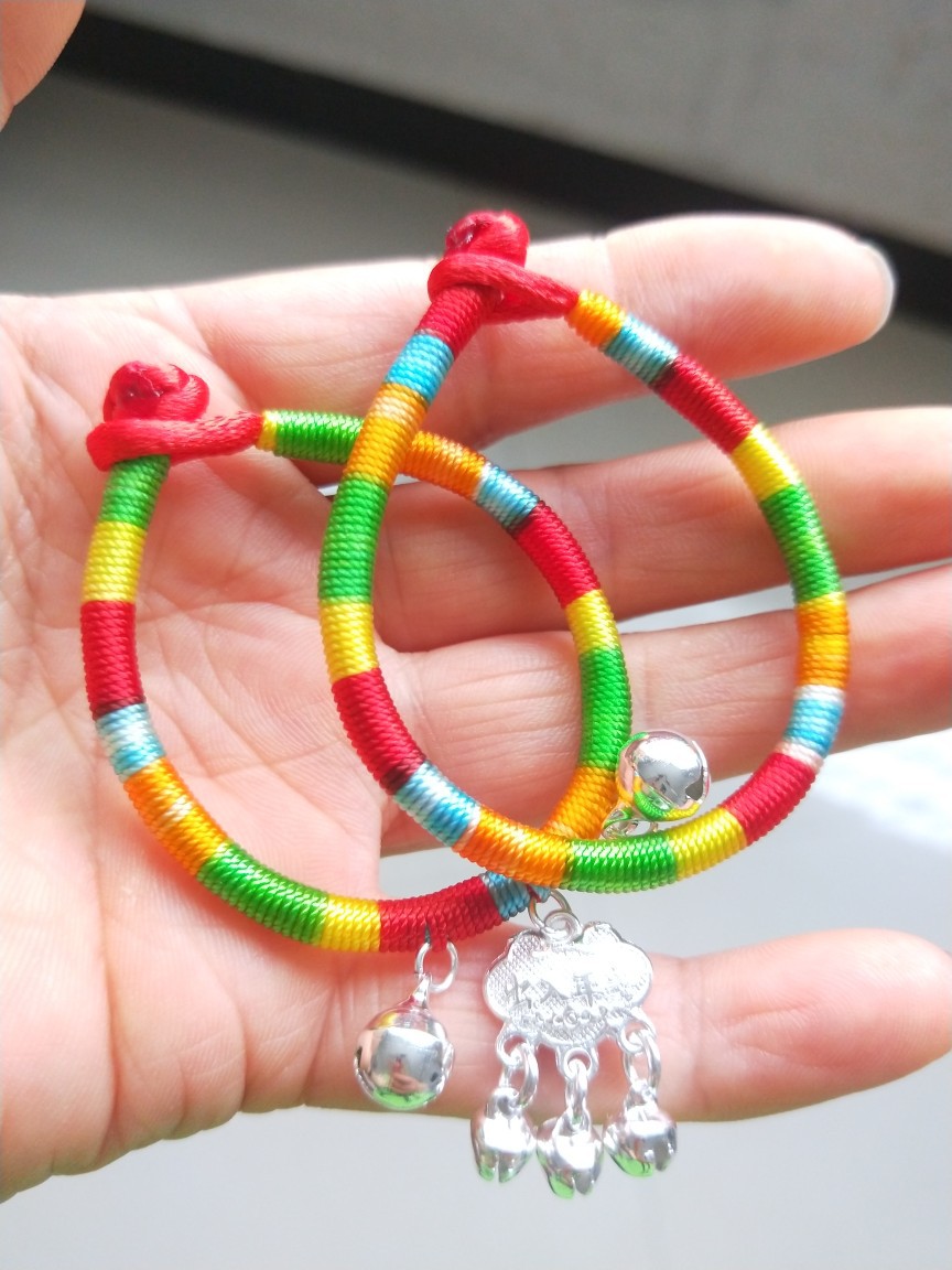 手工端午彩绳宝宝花绳宝宝手链脚链宝宝端午项圈铃铛吊坠