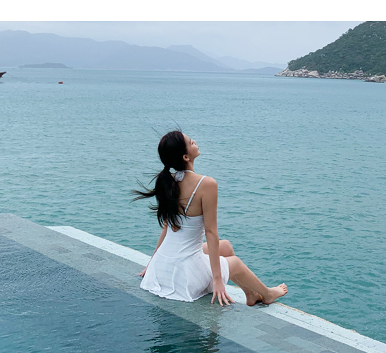 韩国清新风白色网纱吊带露背裙式紧身性感连体泳衣代发新款泳装女